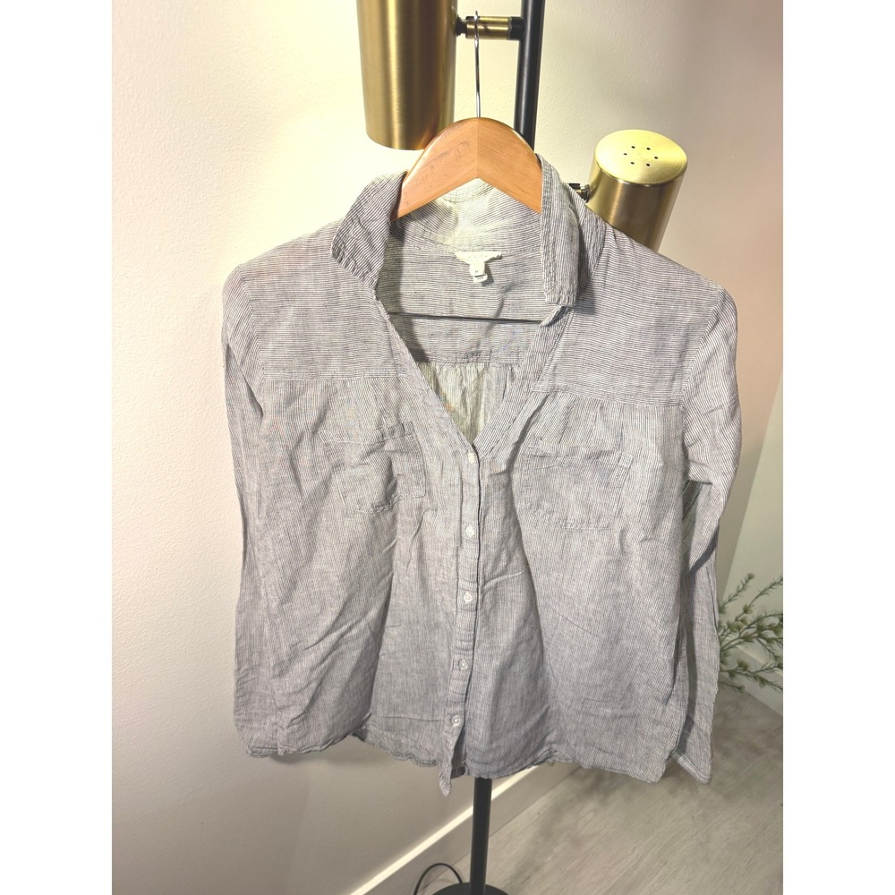 Soft Joie Womens Navy White Pinstripe Linen Blend Button‎ Down Shirt Size Medium